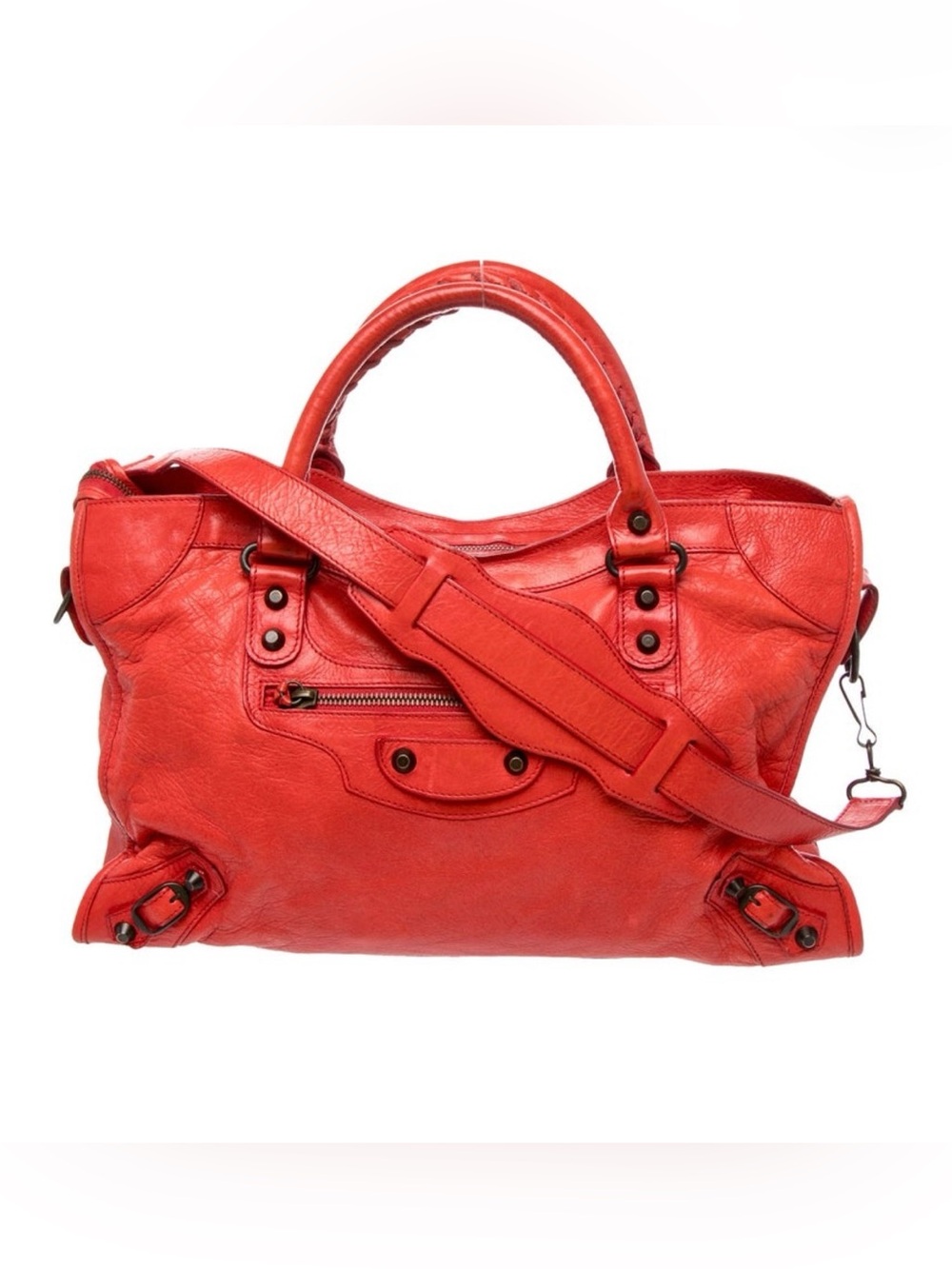 Balenciaga Red Leather Satchel with Shoulder Strap